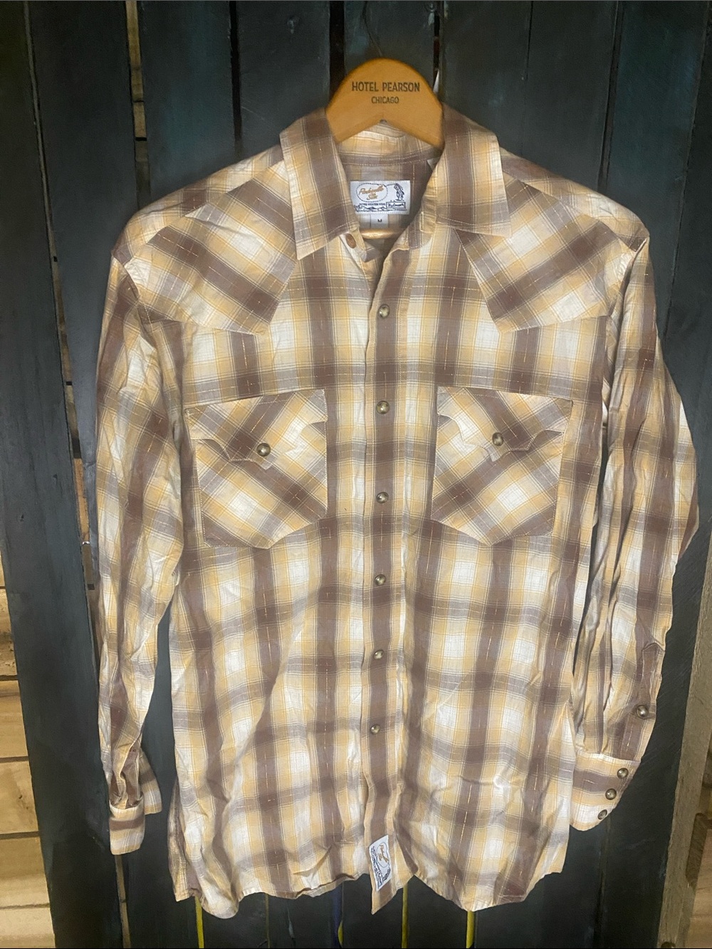 Panhandle Slim western pearl snap Plaid Button-Down Shirt Brown Gold white M